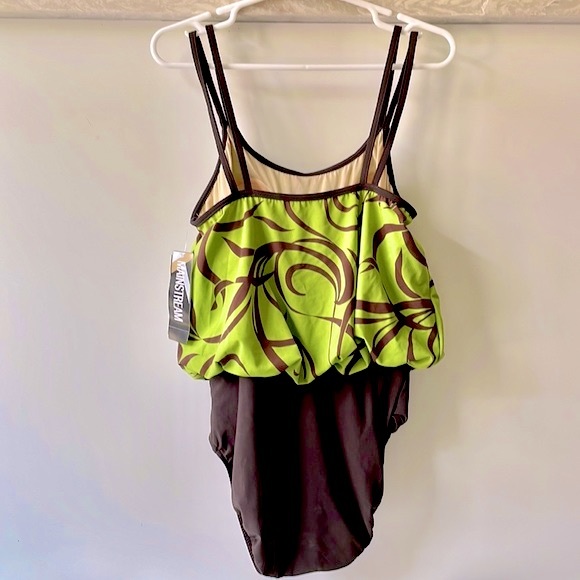 NWT Avocado lime green w chocolate brown one piece swimsuit MAINSTREAM 10 or 12 - Picture 4 of 9